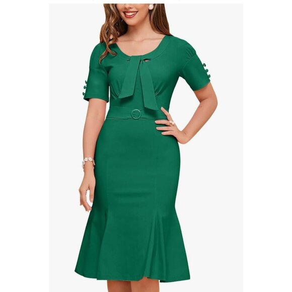 MUXXN Womens Vintage 1950s Midi Crew Neck Bodycon Dress Green Size XXL Stunning - Picture 1 of 13